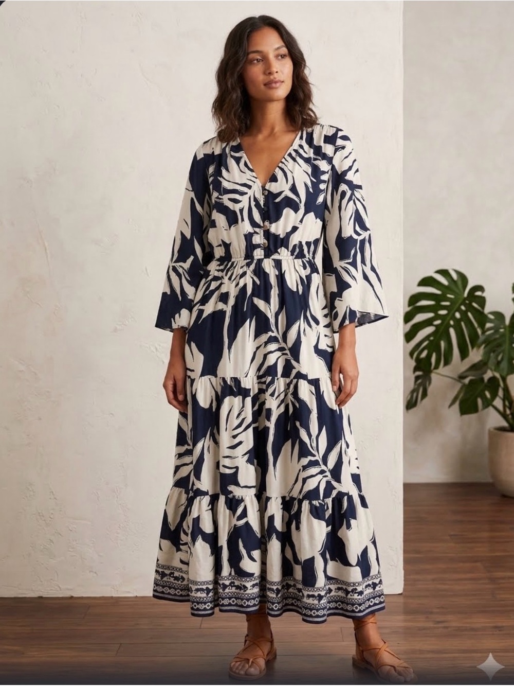 V-Neck Navy and Cream Maxi Dress with Tiered Skirt